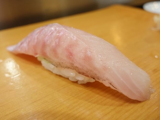 A photo of Japanese armorhead (Tsubodai) nigiri