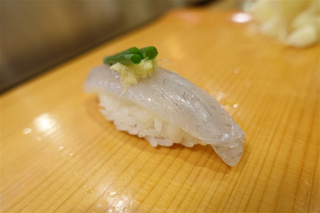 A photo of Hound needlefish (Okizayori) nigiri