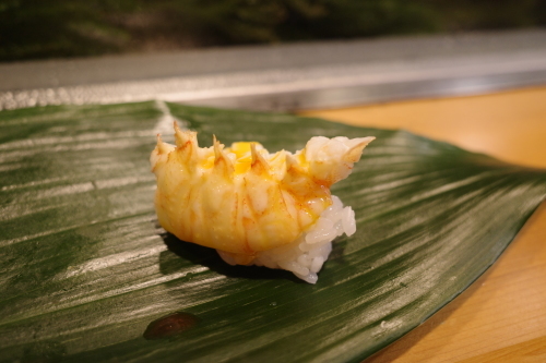 A photo of Japanese mitten lobster (Zouriebi) nigiri