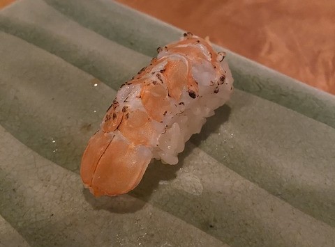 A photo of Paradise prawn (Tenshinoebi) nigiri sushi