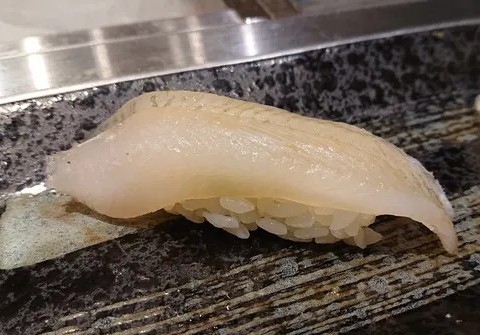 A photo of Tamaganzobirame (Fivespot flounder) nigiri sushi