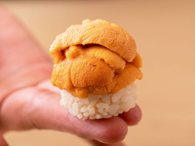 A photo of Kitamurasaki uni nigiri sushi